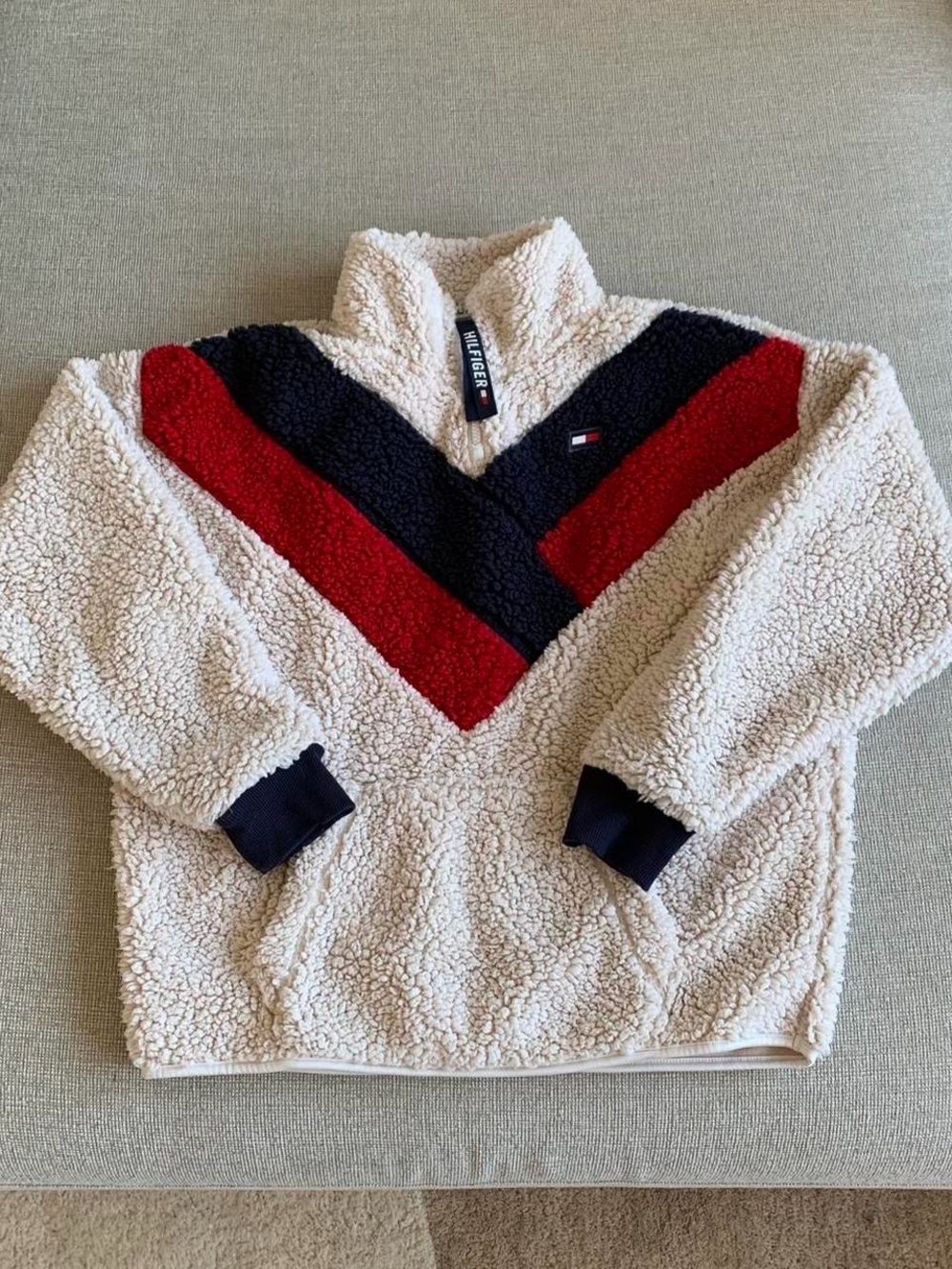 Tommy Hilfiger Cream Sherpa Quarter-Zip Sweater with Red & Navy Stripe